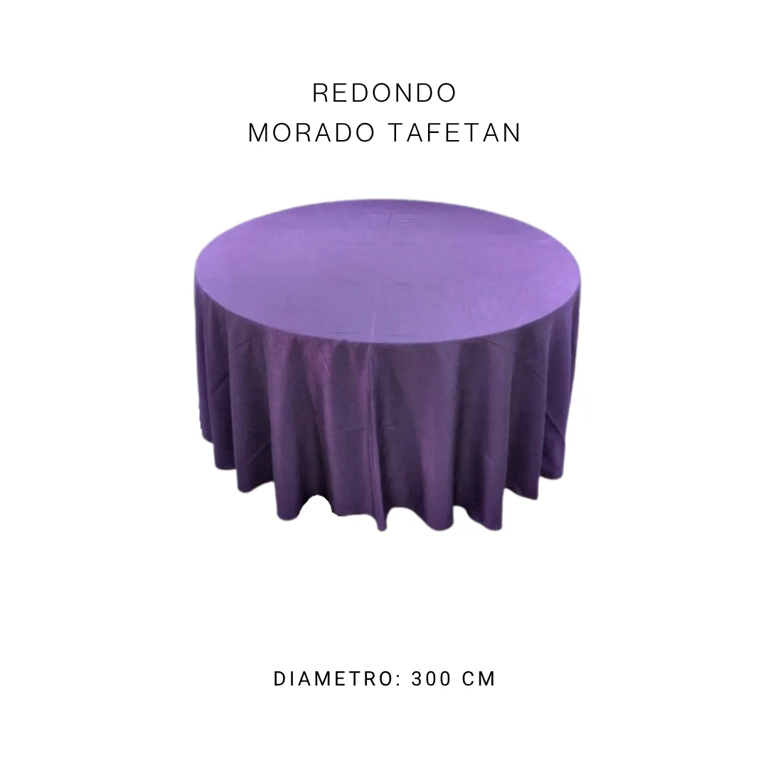 Mantel redondo morado tafetan — alquiler en Bogotá